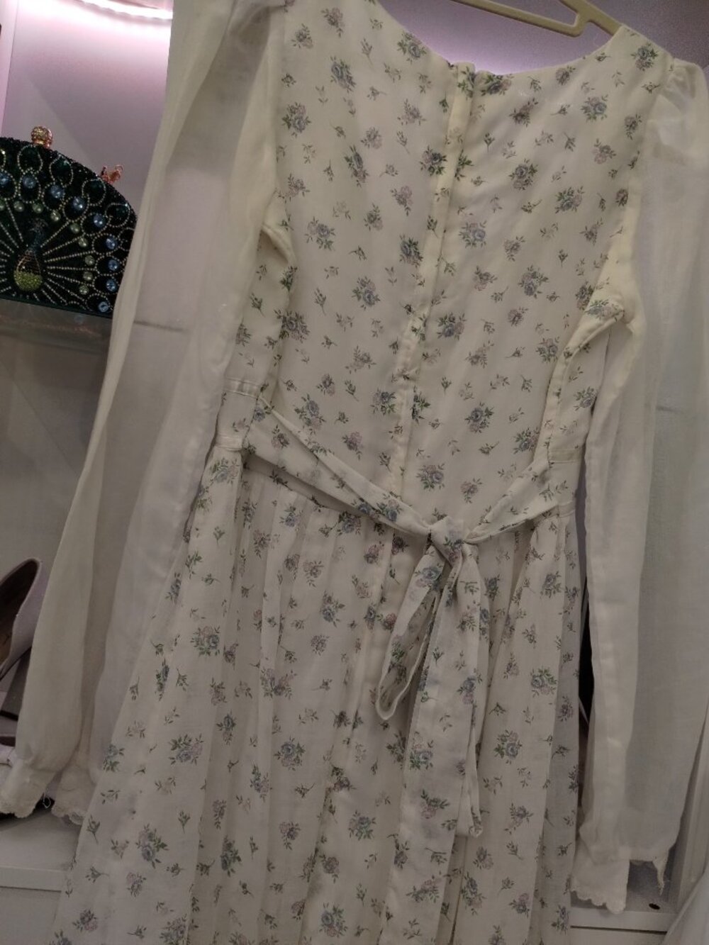 Vintage 80s Gunne Sax White Prairie Maxi Dress with Blue Flowers - Picture 2 of 8